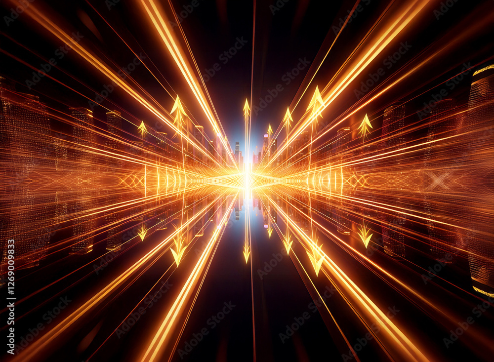 Poster Abstract orange light rays radiate from a central bright point in darkness, creating a dynamic and futuristic perspective.