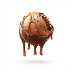 Of Floating chocolate ice cream scoop with caramel drizzle isolated on white