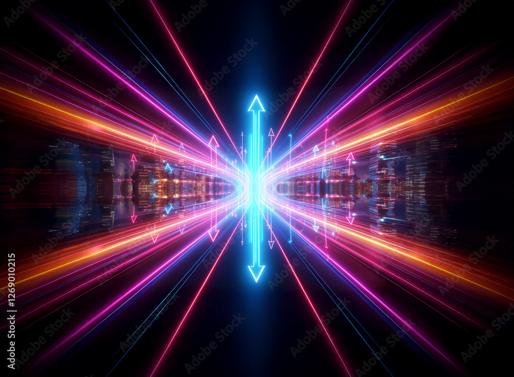 Poster vibrant neon beams create a tunnel effect with arrows, radiating from a central point. the abstract 