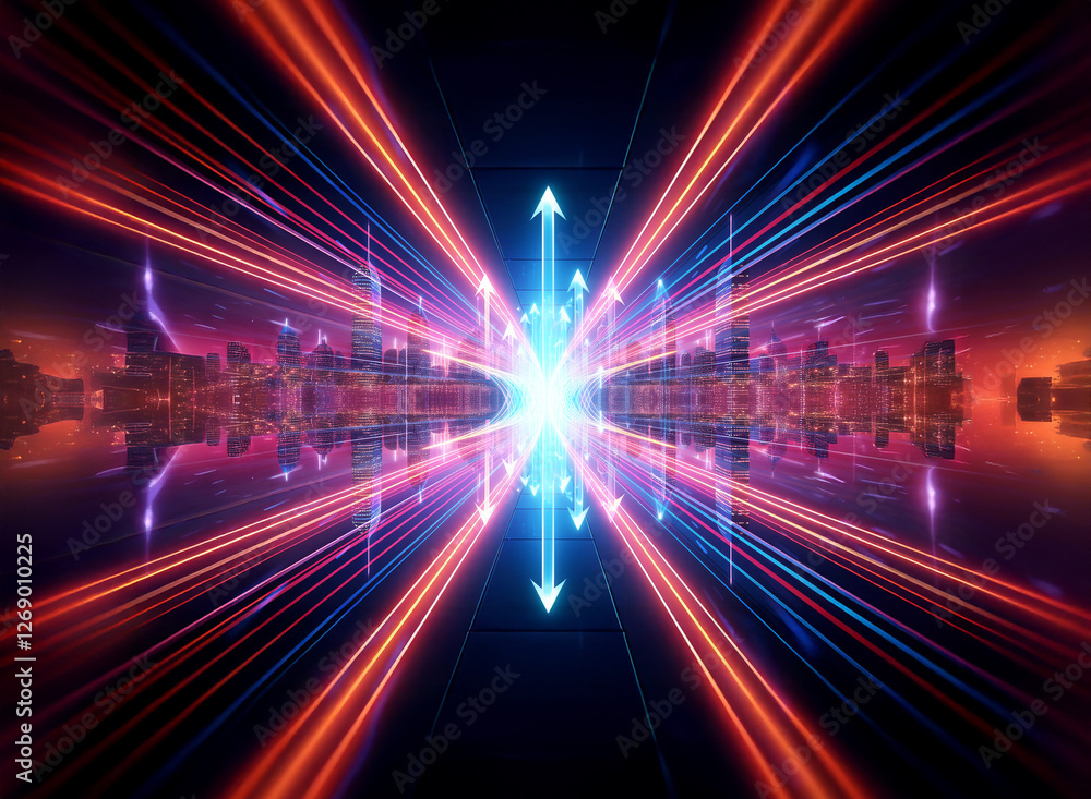 Poster futuristic perspective view with vibrant light streaks converging to a bright central point. upward 