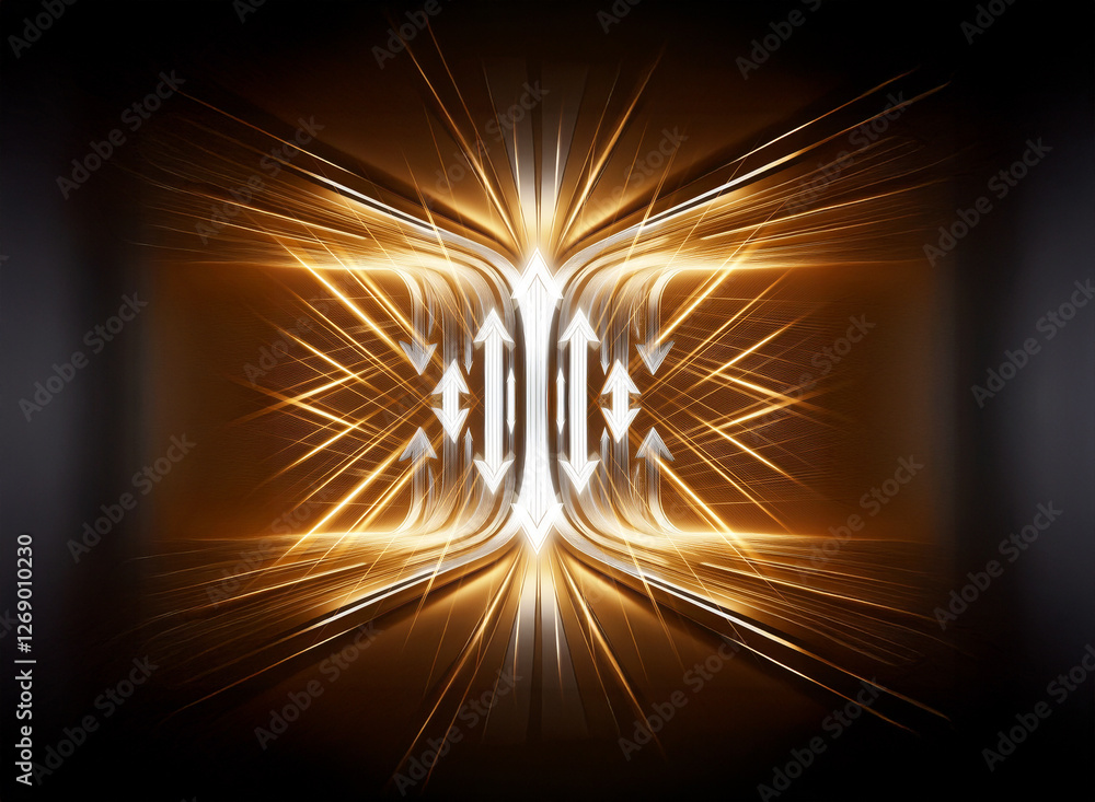 Aufkleber Abstract golden light trails converge symmetrically on a dark background, creating an energetic and dynamic design with inward-pointing arrows.