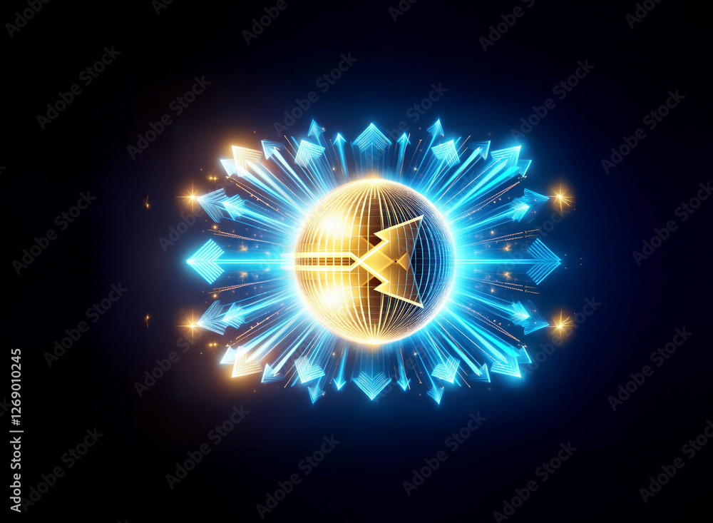 Poster glowing sphere emits radiant blue arrows and light beams on a dark backdrop. energy pulses outward f