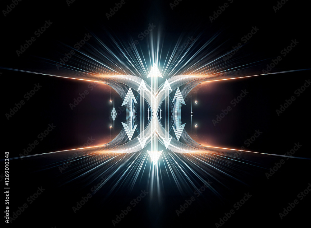Poster Abstract glowing shapes with arrows point inwards and outwards from a central axis.  Light beams radiate from the center on a dark background creating a dynamic and futuristic visual effect.