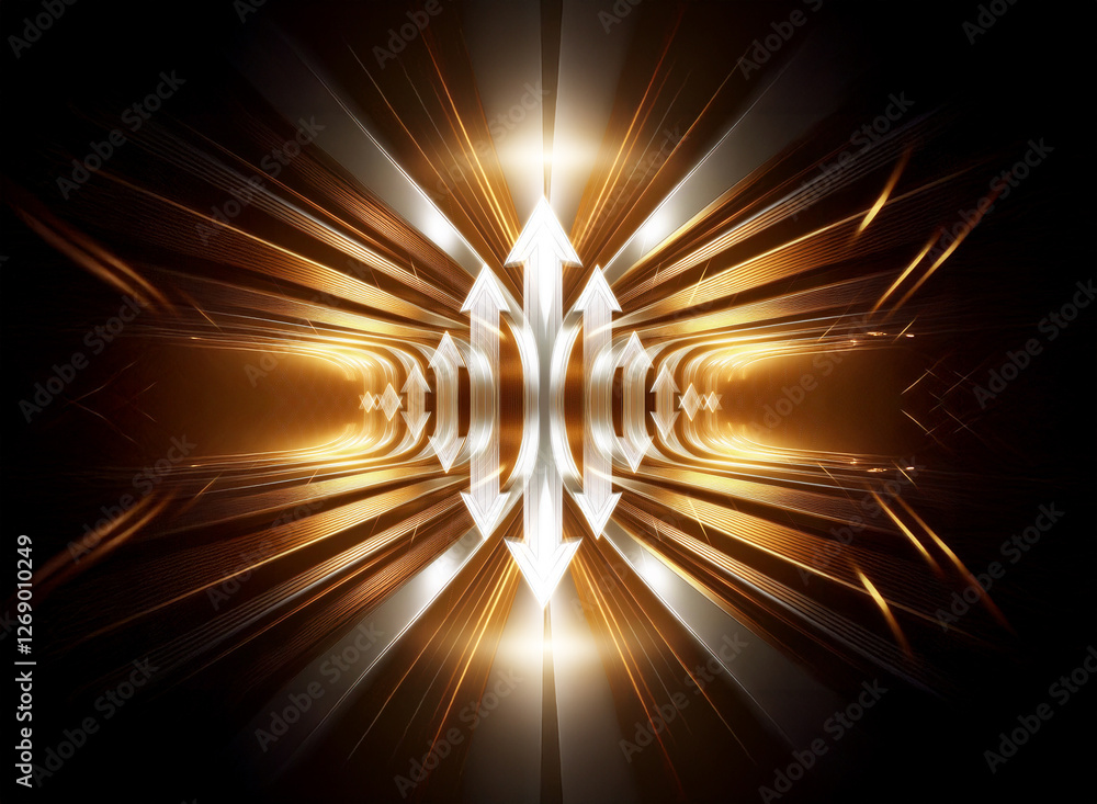 Poster Abstract futuristic tunnel with converging perspective lines creates a sense of speed and motion. Bright light emanates from the center with white arrows pointing outwards, contrasting with the dark b