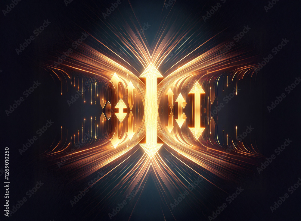Poster Abstract image featuring glowing orange arrows pointing in different directions, surrounded by dynamic light streaks on a dark backdrop.