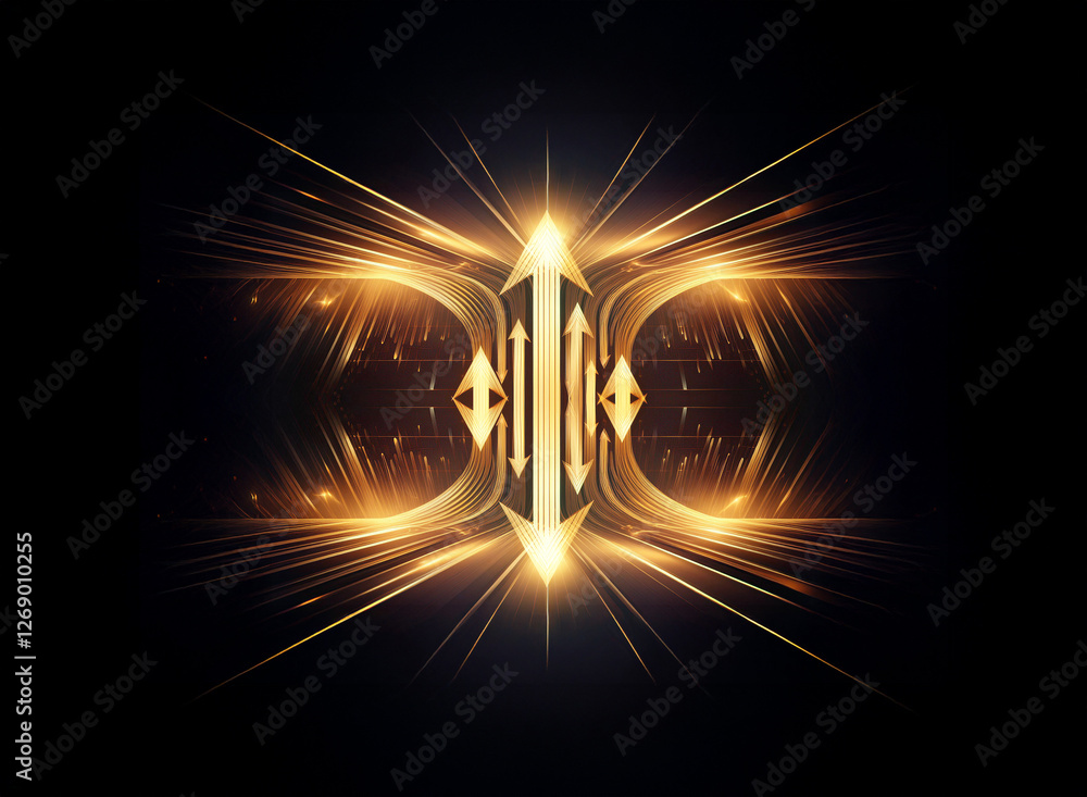 Poster abstract golden light streaks emanate from a central design, resembling stylized arrows pointing up 