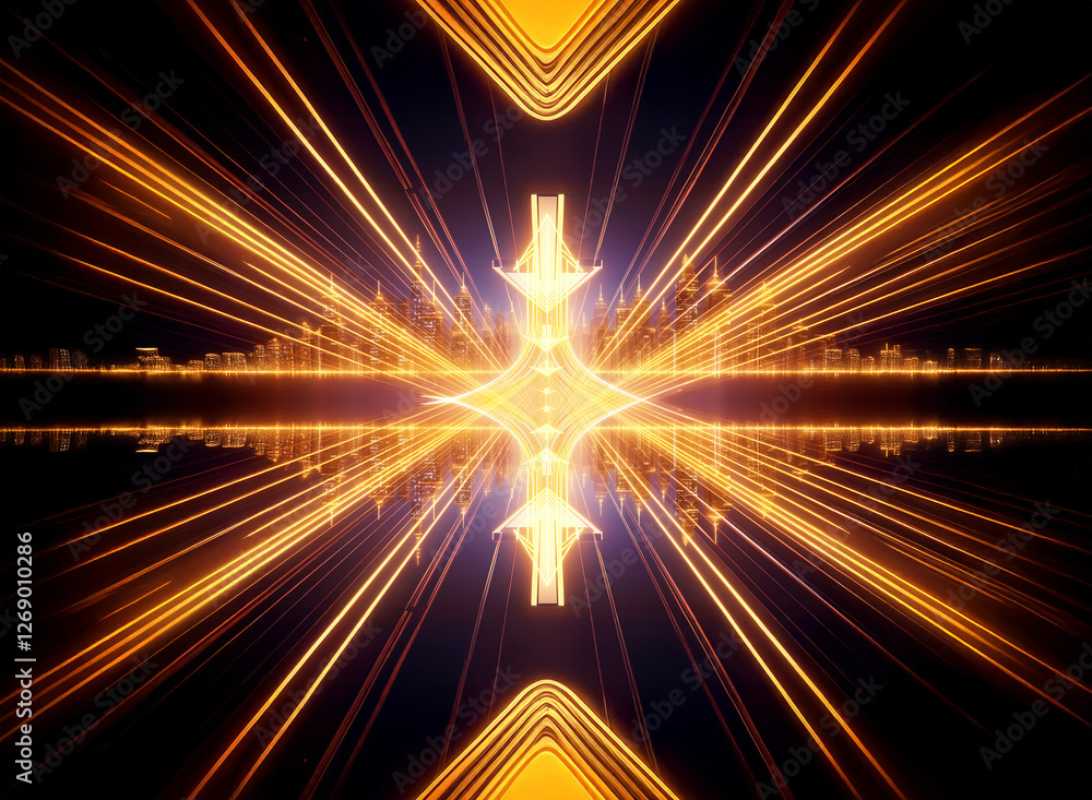 Aufkleber Abstract image featuring bright orange and yellow lines radiating from a central point on a dark backdrop, creating a symmetrical and dynamic visual effect.