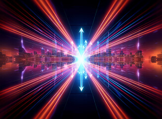 Obraz premium Futuristic perspective view with vibrant light streaks converging to a bright central point. Upward arrows direct focus amidst a reflected cityscape.