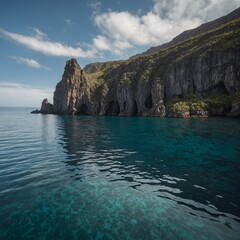 A peaceful lagoon surrounded by jagged cliffs.