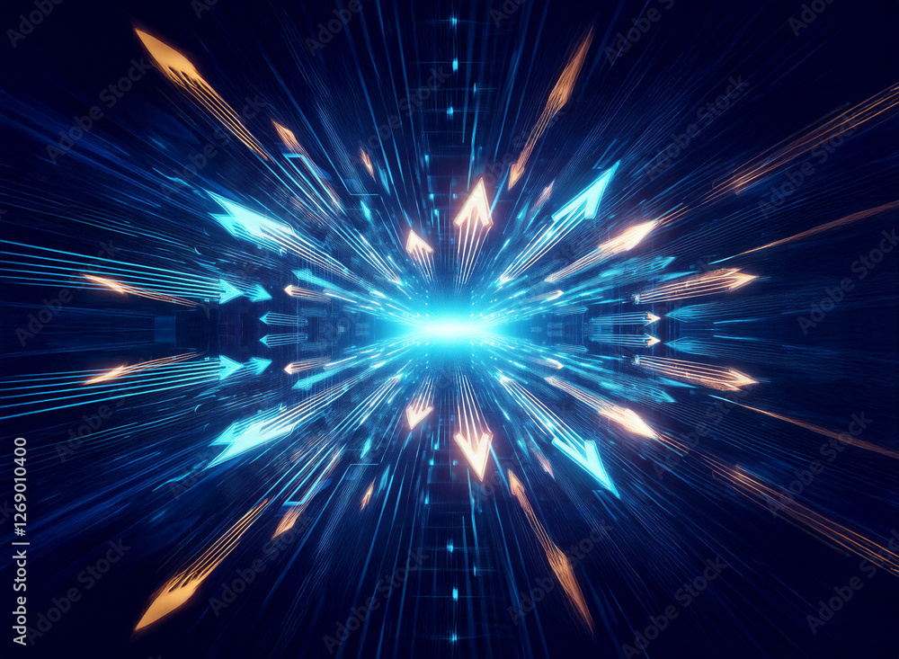 Poster Abstract digital burst with blue and orange light rays radiating from a bright center, creating a dynamic and futuristic visual effect.