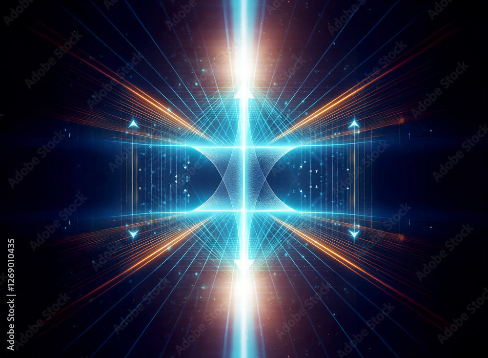 Poster symmetrical abstract image features vibrant blue and orange light rays radiating from the center on 