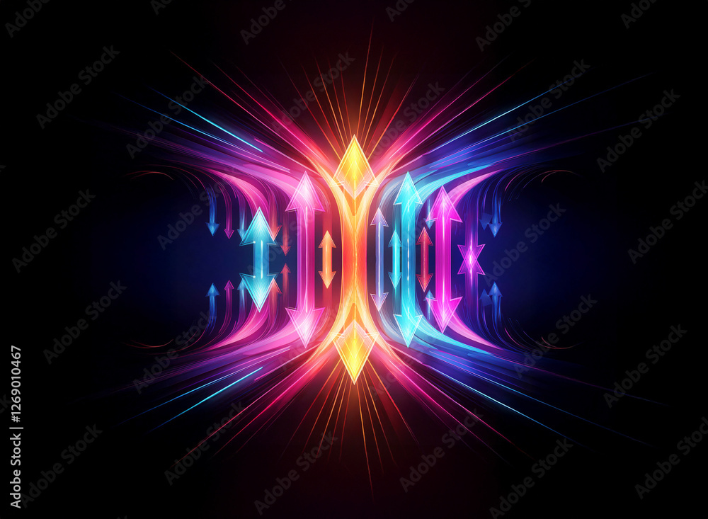 Poster abstract vibrant light trails with arrows create a symmetrical, colorful design on a dark backdrop, 