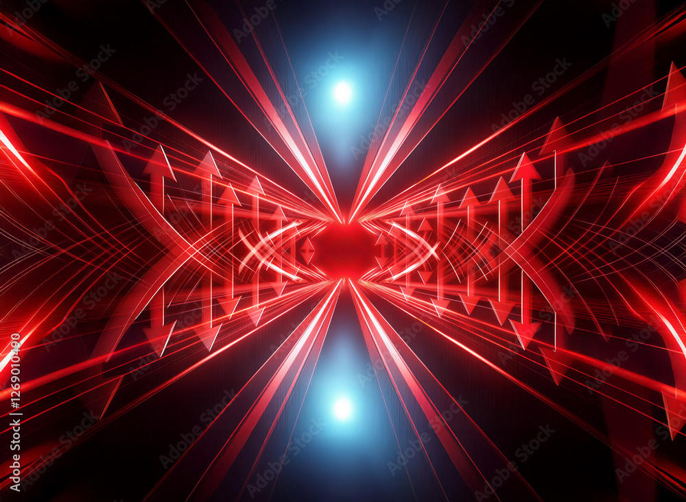 Poster abstract design featuring red arrows radiating towards a central focal point, contrasted by blue lig