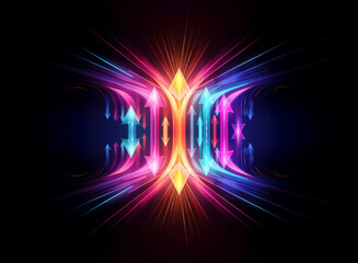 Obraz premium Abstract vibrant light trails with arrows create a symmetrical, colorful design on a dark backdrop, radiating energy and motion.