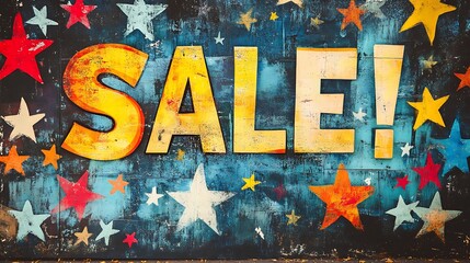 Grunge textured SALE sign with colorful stars.
