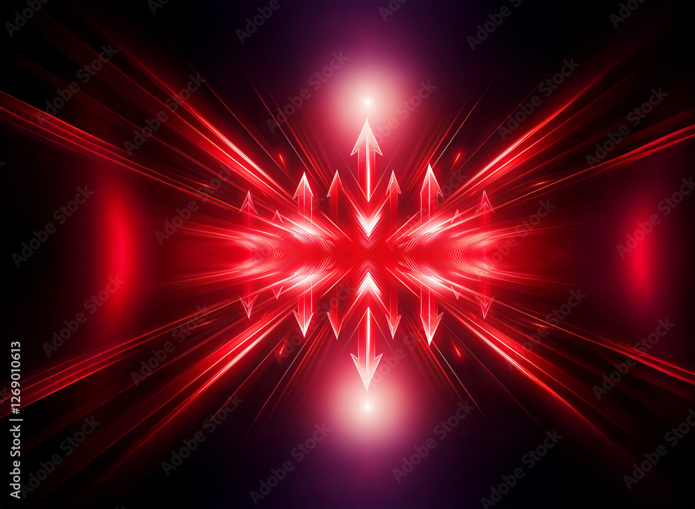 Poster vibrant red light bursts from a central point, radiating outwards in sharp, arrow-like beams against