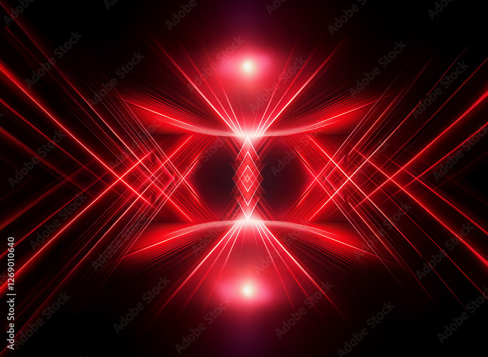 Aufkleber Abstract symmetrical image featuring bright red light rays emanating from the center against a dark background, creating a dynamic and futuristic effect.