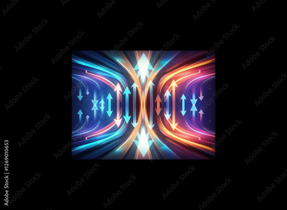 Poster vibrant tunnel of blue and orange light streaks converge towards the center with arrows showing inwa