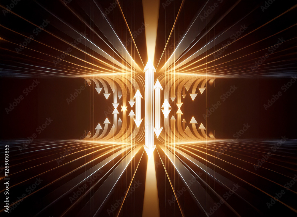 Aufkleber Abstract image of a tunnel with bright orange lines converging to a central glow, featuring arrows pointing up and down, suggesting dynamic movement and energy flow.