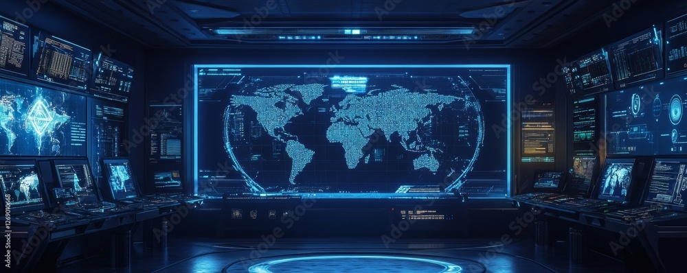 Poster global monitoring center world map display, futuristic consoles, data analysis