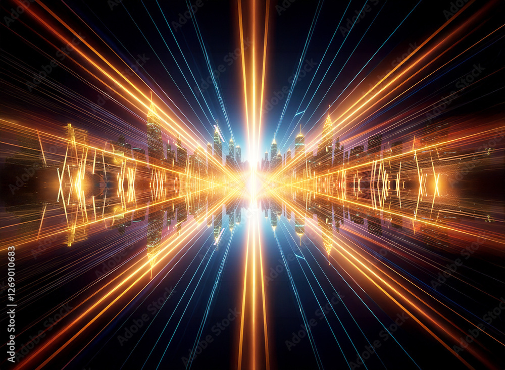 Aufkleber Abstract cityscape with vibrant orange and blue light rays expanding from a central point, creating a dynamic futuristic visual effect on a dark background.
