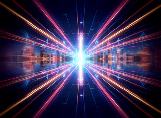 Abstract digital artwork featuring vibrant, symmetrical lines converging towards a bright central light source.  The image evokes a sense of futuristic technology and dynamic energy.