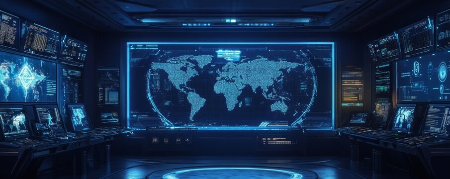 Global monitoring center world map display, futuristic consoles, data analysis