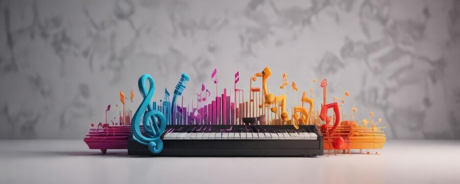 Colorful musical elements on a minimalist background, minimalism, visual arts, simple design, colorful shapes, artistic expression