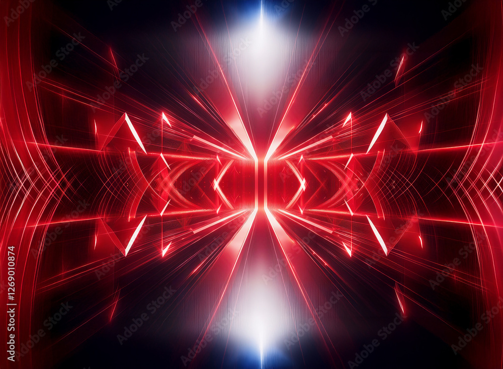 Aufkleber A dynamic abstract image featuring red and blue glowing light streaks forming a tunnel-like perspective with a bright center point, creating a sense of depth and futuristic energy.