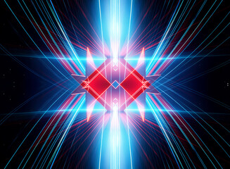 Abstract geometric art featuring a central red diamond shape. Blue and red light streaks radiate outwards, creating a dynamic, futuristic visual on a dark background.