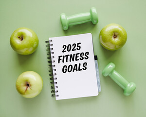 Flat lay of a 2025 fitness goals notebook surrounded by green apples and dumbbells, representing healthy lifestyle choices and fitness planning for the upcoming year.