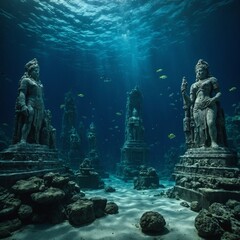 A lost underwater city with ancient statues.