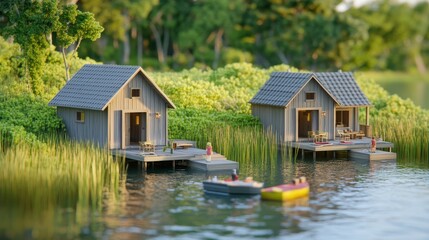 Obraz premium Lakeside Cottages Tranquil Summer Vacation Scene