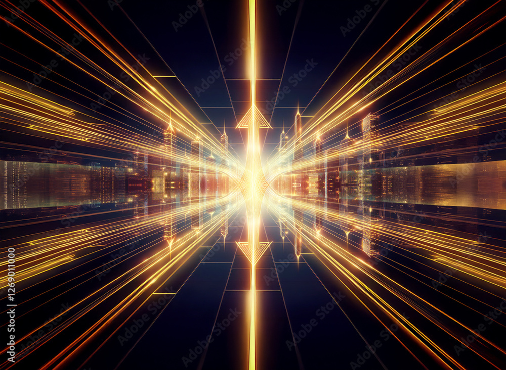 Poster Abstract perspective with vibrant glowing lines drawing the eye to a central bright light source. Illuminating path creates a sense of depth and forward motion.