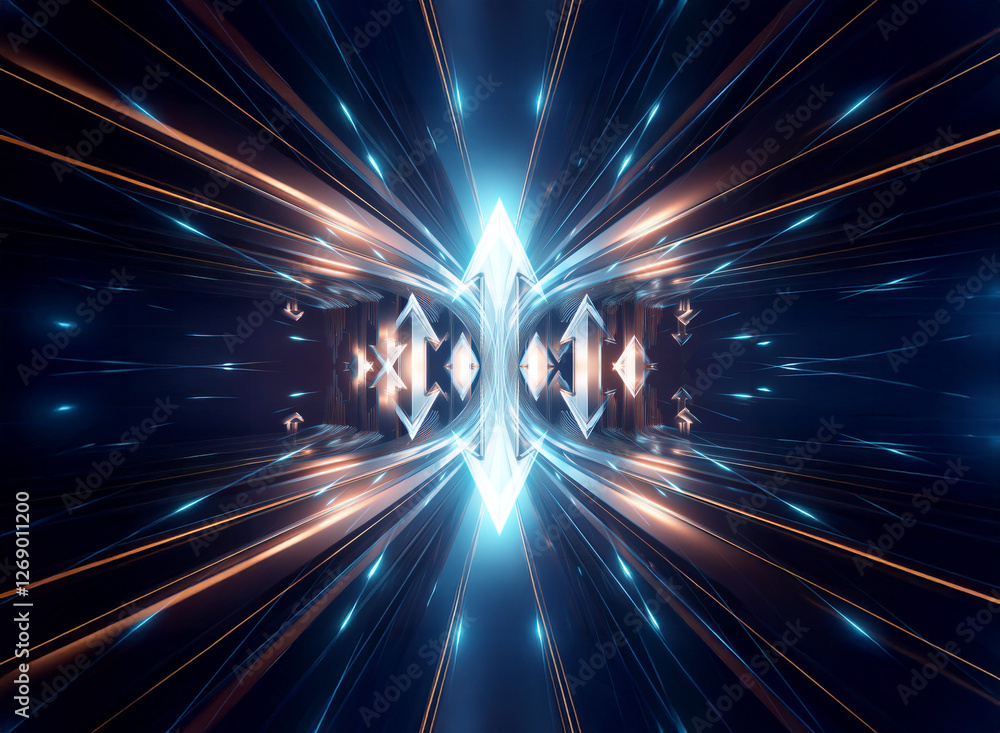 Poster Abstract symmetrical image featuring blue and orange glowing lines radiating from a central diamond shape against a dark backdrop, creating a futuristic and digital feel.