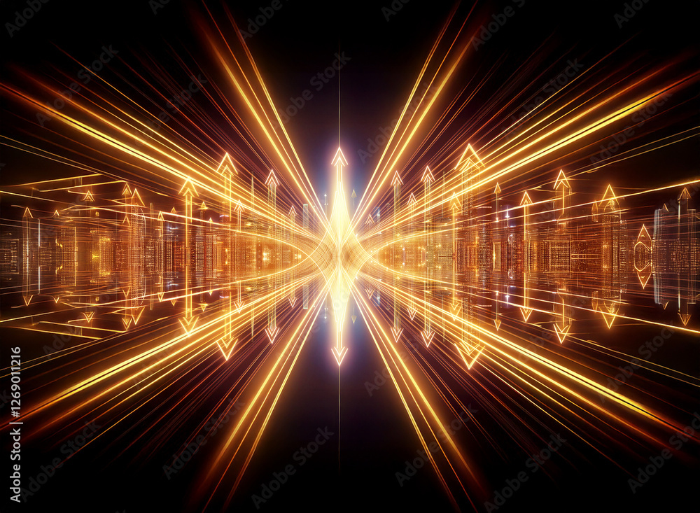 Poster golden lines converge in a geometric design, emitting light and creating a tunnel effect. abstract, 