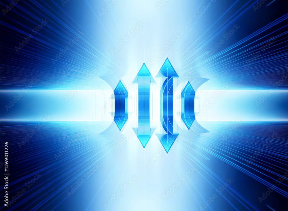 Aufkleber Abstract blue design featuring glowing arrows pointing vertically and radiating light rays.  A futuristic and technological style with bright illumination and geometric shapes.