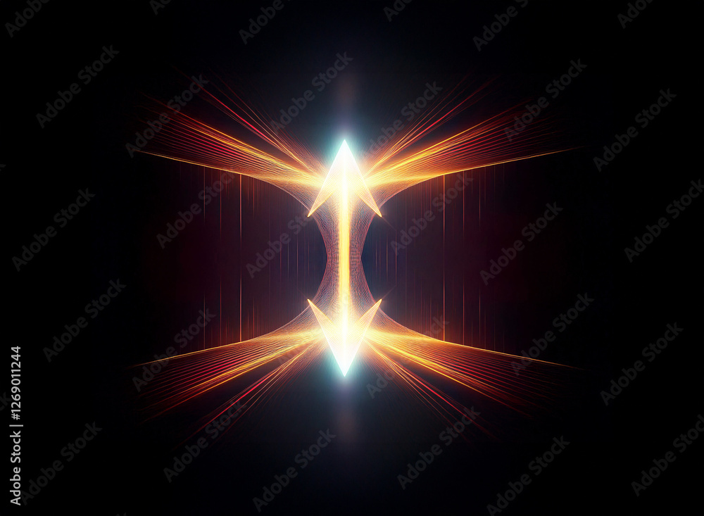 Aufkleber Abstract glowing light shape on dark background. Symmetrical design of two arrow-like forms pointing inwards, radiating orange, yellow, white light.