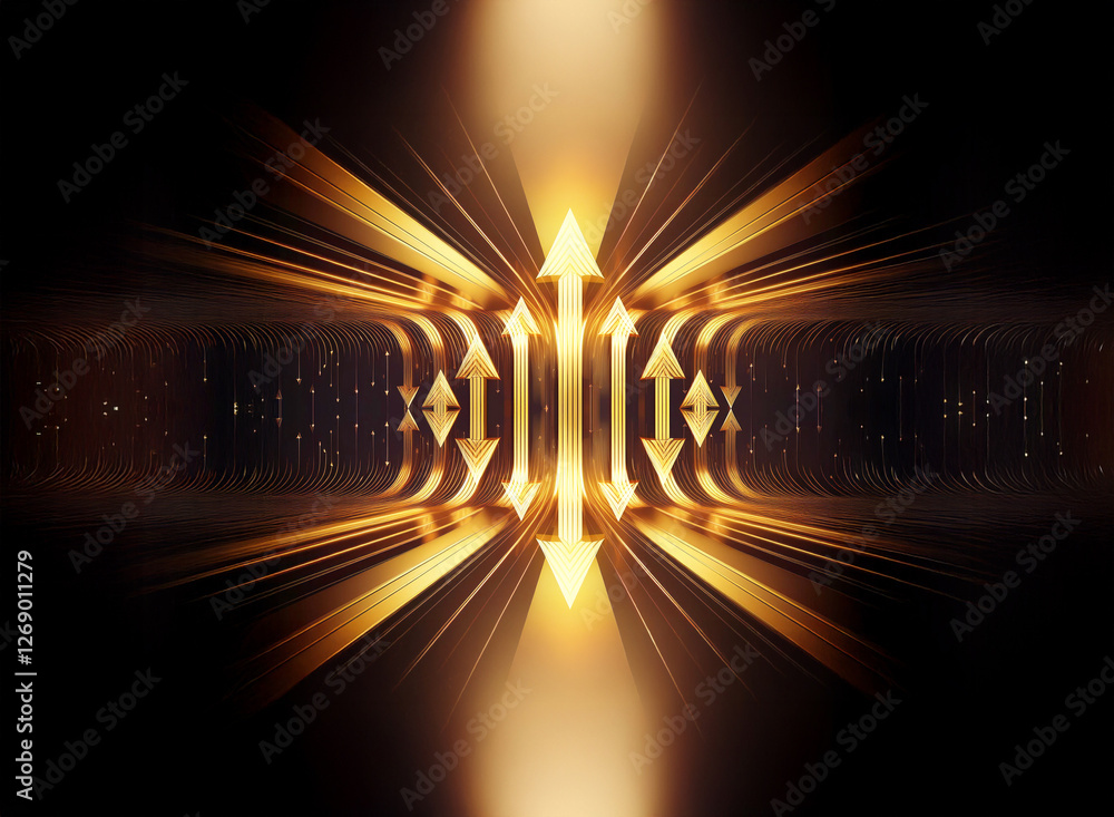 Poster Luminous golden tunnel with arrows facing opposite ways, creating depth and abstract perspective on a dark backdrop.