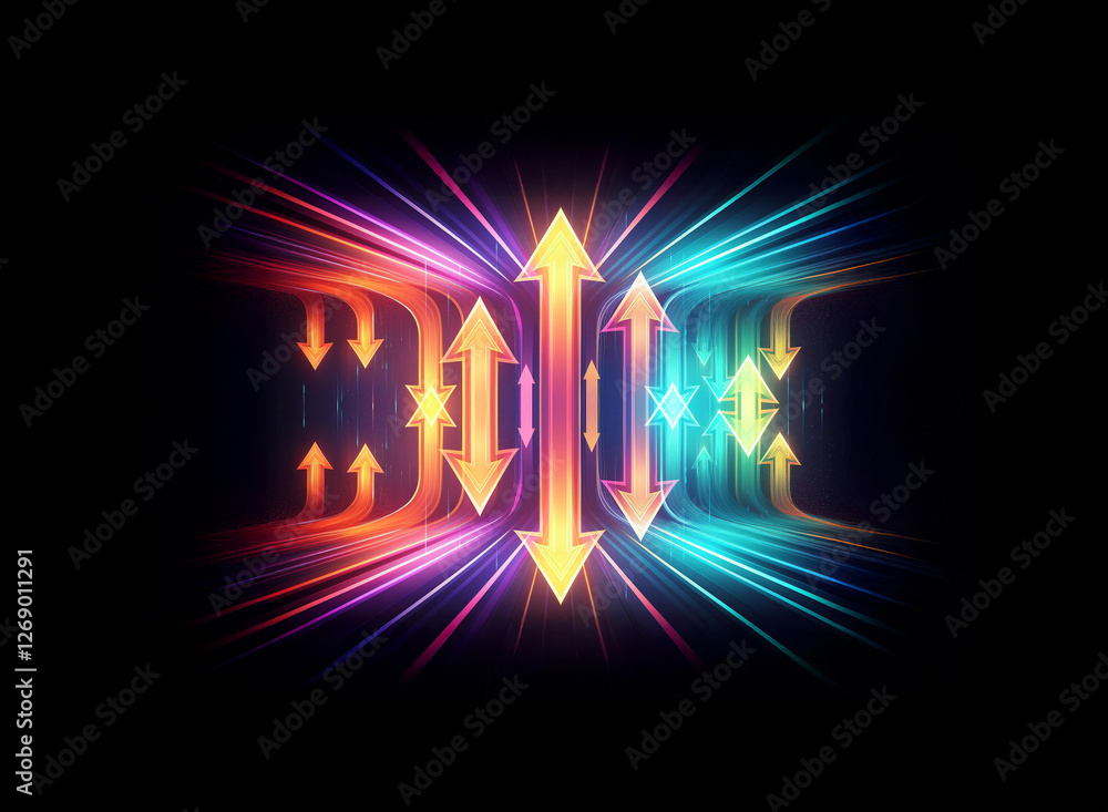 Poster abstract digital art featuring luminous arrows pointing inwards and outwards with vibrant light rays