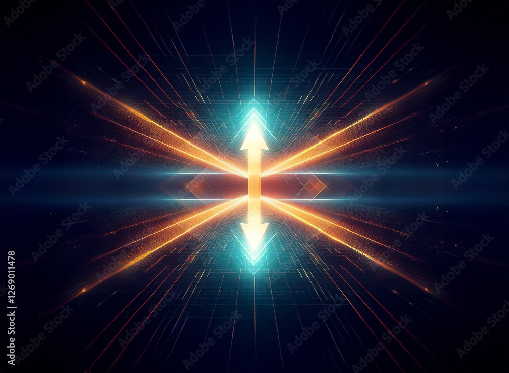 Poster A vibrant digital convergence with radiating orange and blue lines emanating from a central point with bright arrows on a dark backdrop, creating a dynamic abstract design.