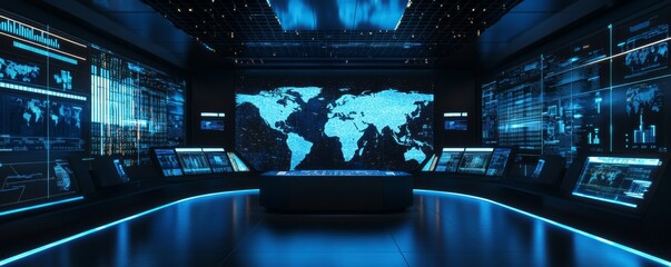 Global Data Center Monitoring world map, screens display analytics; futuristic tech background