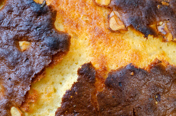 Close up of bake cake crust with nuts dessert