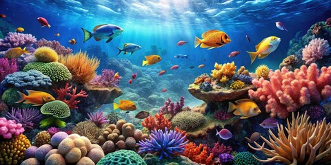 Coral reef ecosystem with diverse marine life, wildlife, marine, tropical, ocean