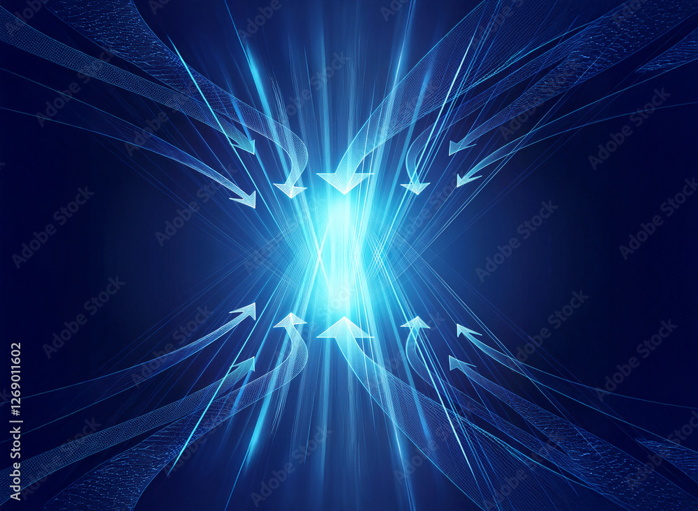 Poster Abstract blue design with radiant light beams and arrows pointing towards a central glowing nexus.  Directional lines convey motion and focus within a modern digital artwork.