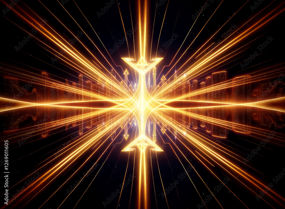 Poster Golden light bursts from the center in a symmetrical abstract design.  Radiating rays and arrow shapes create a dynamic, futuristic pattern against a dark backdrop.