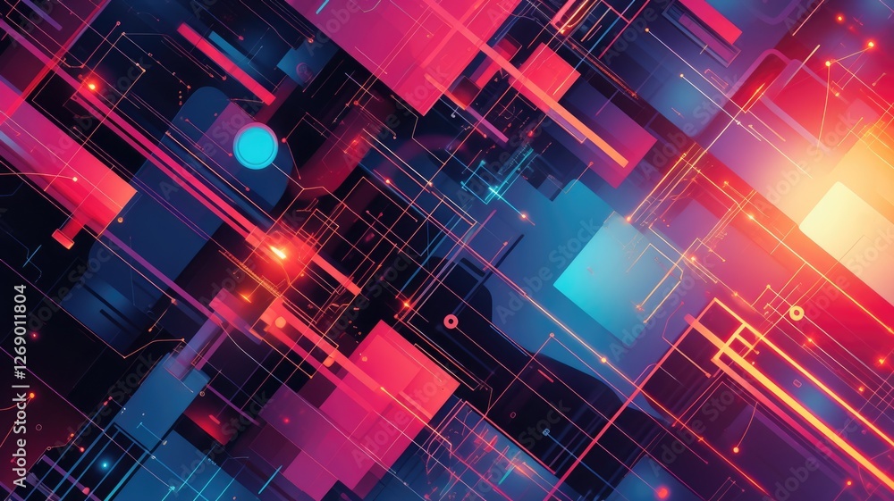 Poster this abstract technological background features vibrant colors and dynamic shapes, perfect for conve