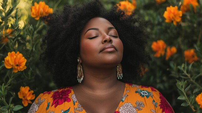 Surrounded by radiant orange flowers, a plus size woman closes her eyes, savoring the peacefulness of nature. Her colorful attire complements the lively blooms, creating a moment of serenity