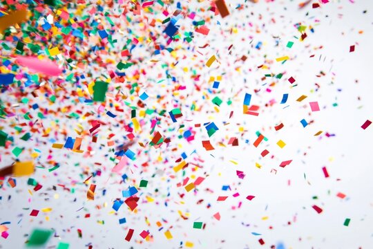 Colorful confetti explosion, white background, celebration, party, design