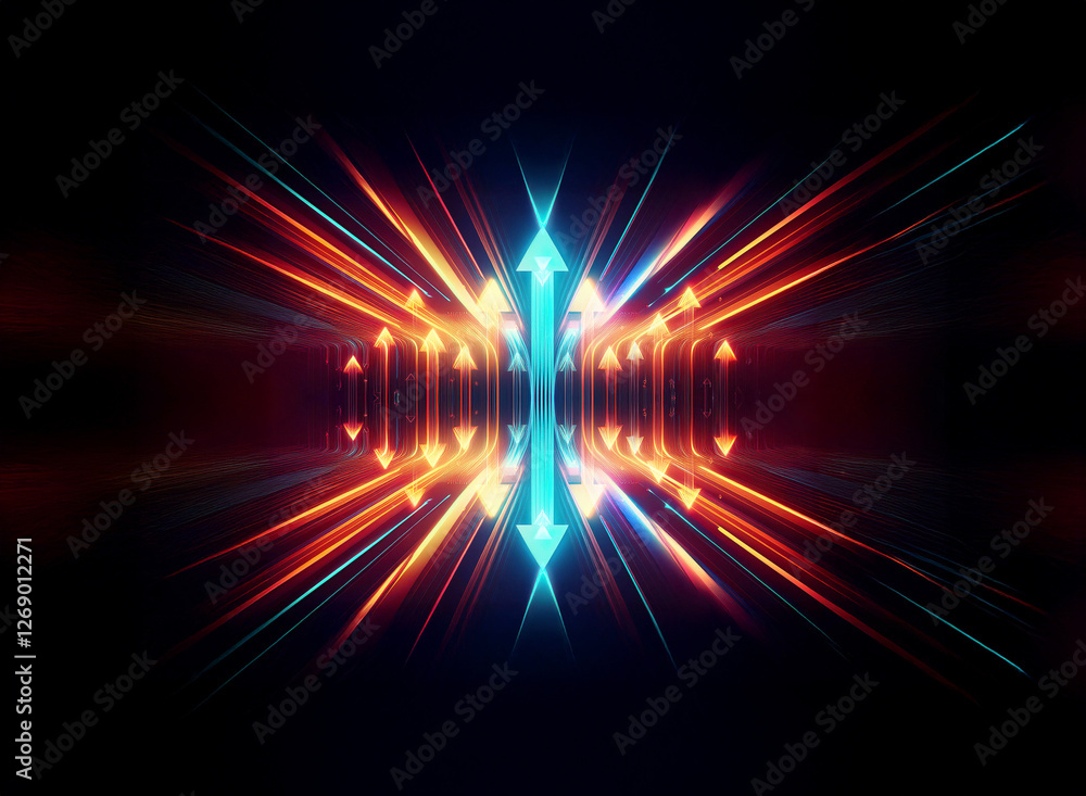 Leinwandbilder abstract symmetrical design featuring vibrant beams of orange, red, and blue light emanating from a 
